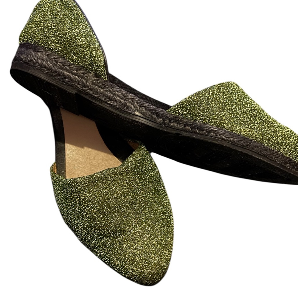 Anthropologie MANEBI green metalic open sides flat espadrilles.